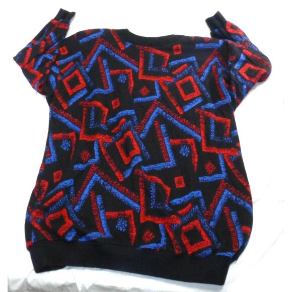 Vintage TopNotch Geometric Abstract Sweater 2X Black W/ Red & Blue Pattern USA M - Picture 6 of 6